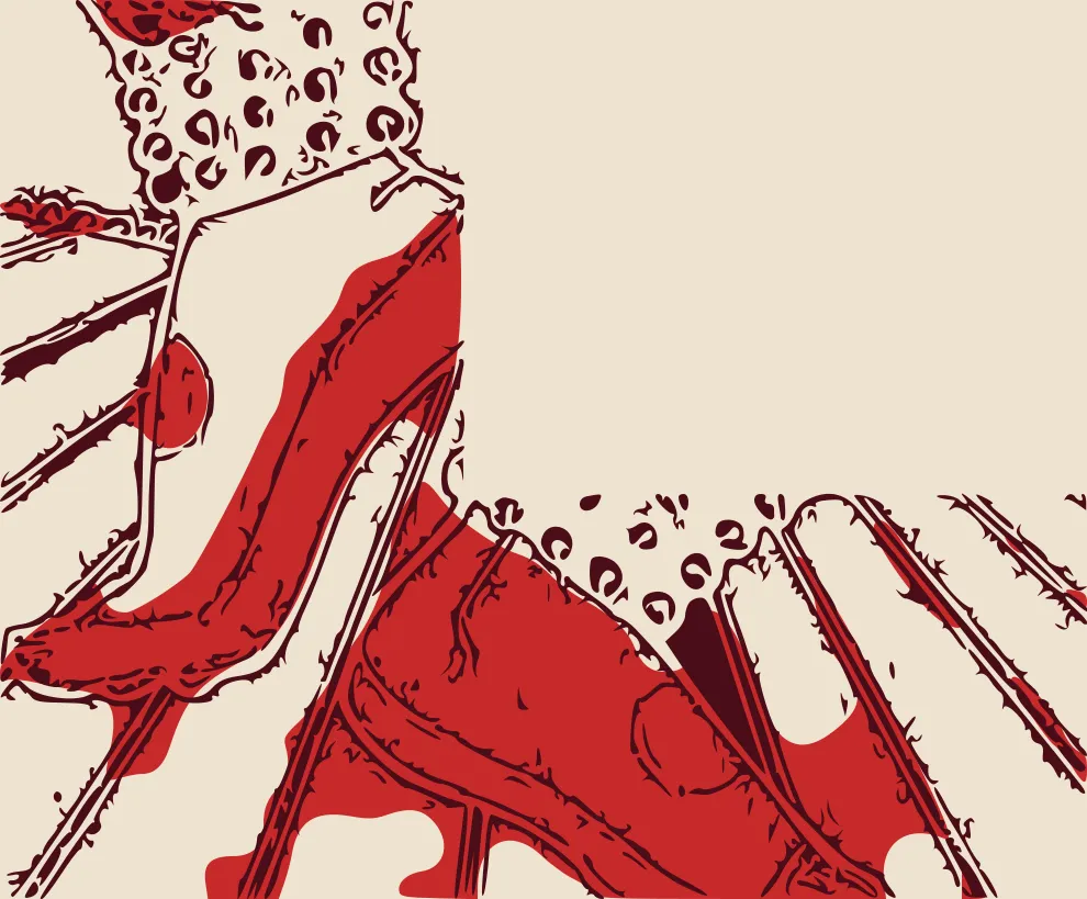 Illustration of feet in Bharatanatyam costume with beaded salangai (ankle bells).